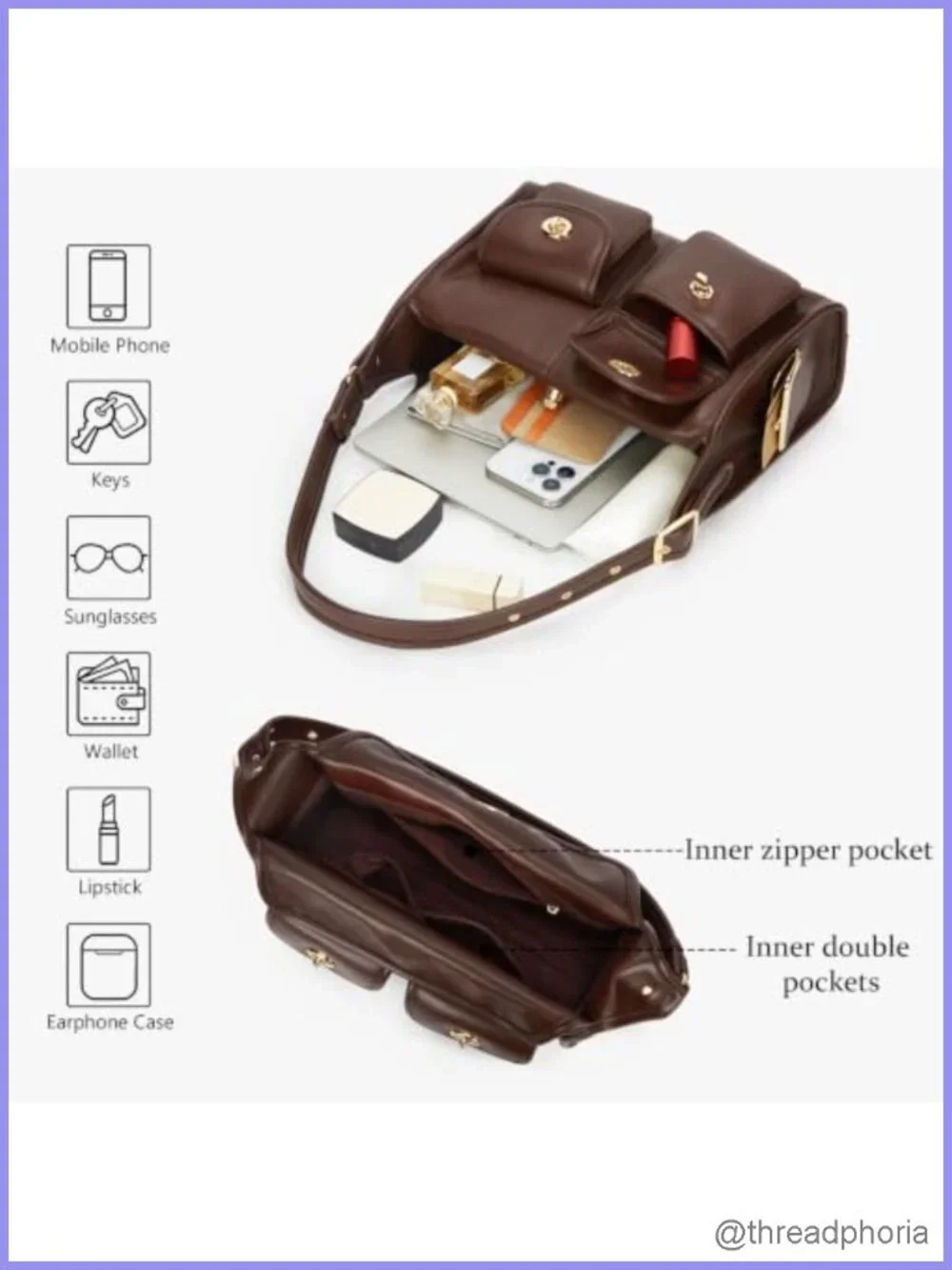 Turn Lock Hobo Bag Women Multi-Pocket Tote Crossbody Faux Leather Work Purse